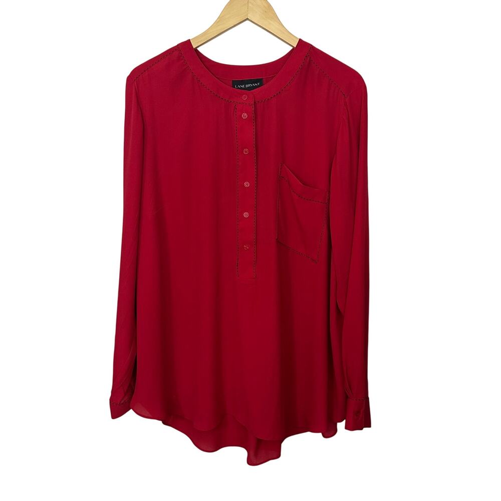 Lane Bryant Red Long Sleeve Blouse Black Stitching Popover Women's‎ Size 22/24